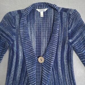 Krazy Kat Womens Long Sleeve Knit Cardigan Sweater Small Blue White Open Weave